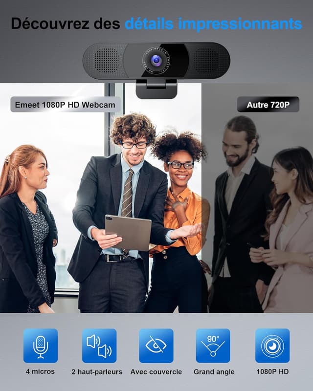 Detalle de EMEET Webcam C980PRO 1080P avec microphone, haut-parleurs et cache objectif