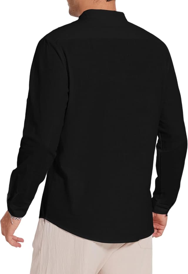 Detalle de Chemise en lin homme YAOBAOLE à col Henley, manches longues – style décontracté d’été