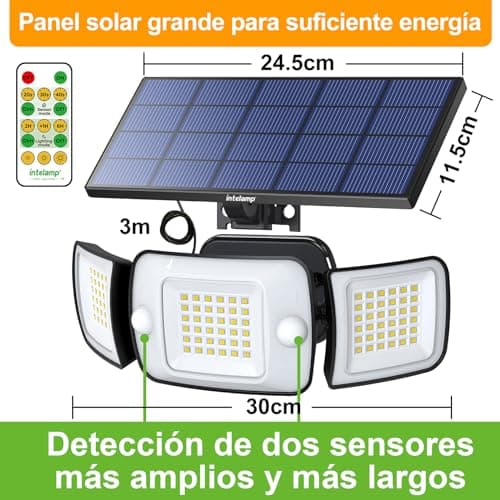 Detalle de intelamp Focos Exterior Solares con doble sensor 270° y mando a distancia (IP65, 6500K, 4 modos)