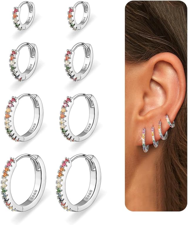 Detalle de Nelytiya 4 Paar Creolen aus 925er Silber mit Zirkonia (7/8/9/10 mm) – hypoallergenes Set für Damen