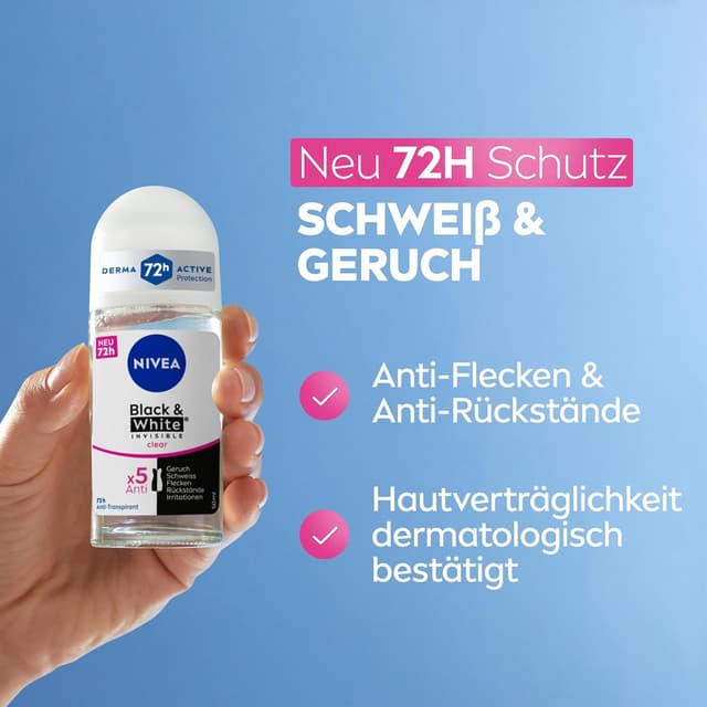 Detalle de NIVEA Black & White Invisible Clear Deodorant Roll-On (50 ml) – Anti-Flecken-Formel ohne Ethylalkohol