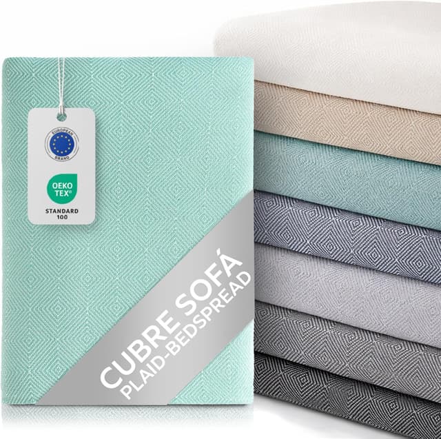 Detalle de Textilhome Copridivano e Copriletto Multiuso Dante in plaid foulard Acquamarina, 230x285 cm, copertura per divano e letto