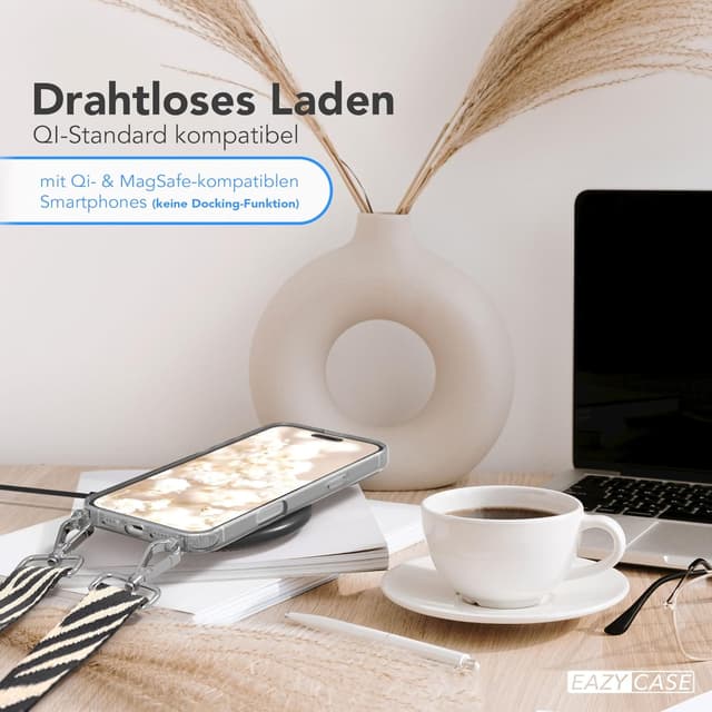 Detalle de EAZY CASE Handykette verstellbares Taschenband (90–145 cm) mit Silikonhülle – Zebra Schwarz/Beige/Silber