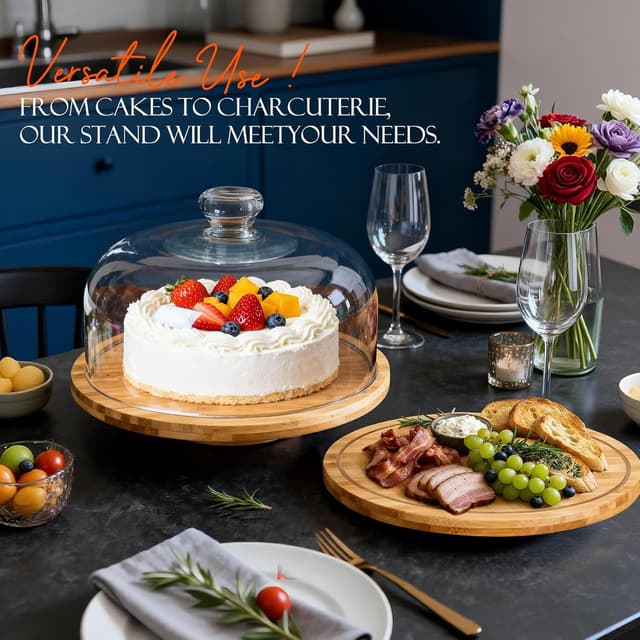 Detalle de Masthome Wooden Cake Stand with Lid (12-inch) with Rotating Base and Clear Acrylic Dome Cover