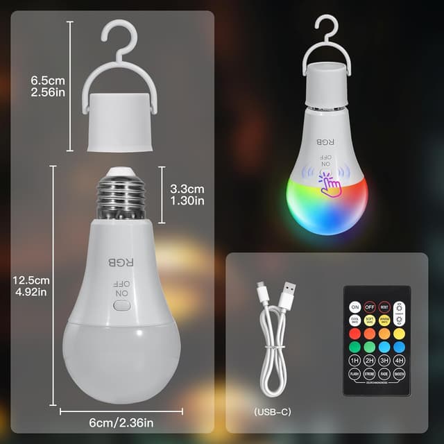 Thumbnail 6 de Kimjo RGB LED Lampe E27 mit Fernbedienung – akkubetrieben, dimmbar (7W) für Outdoor & Camping
