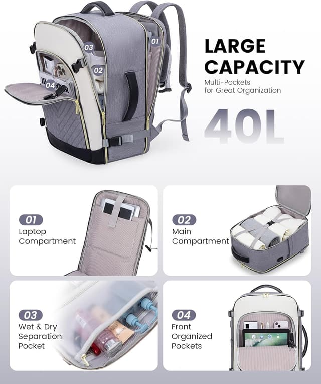 Detalle de LOVEVOOK Damen Travel Backpack mit 17,3-Zoll-Laptopfach, 40L Handgepäck-Reiserucksack (wasserdicht, Weekender/Carry-on)