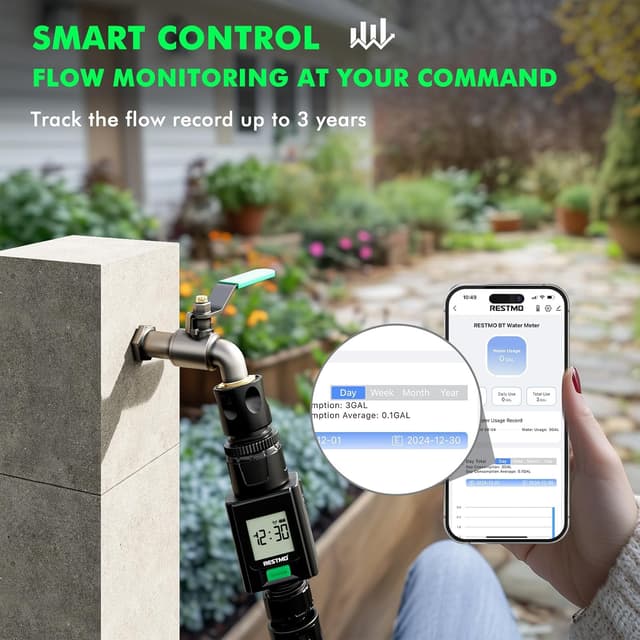 Detalle 2 de Restmo Smart Water Flow Meter with Bluetooth for Garden Hoses and RV Tank Filling