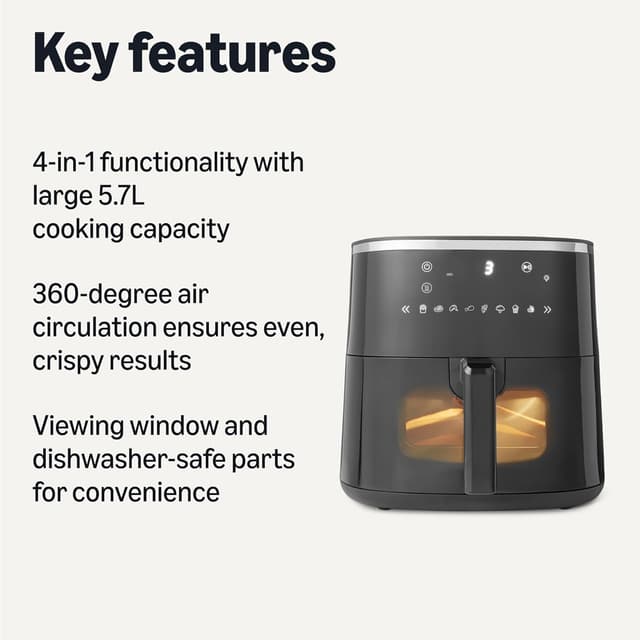 Detalle 2 de Amazon Basics 5.7L Air Fryer with Easy View Window, 8 Preset Menus, 1750W (Black)