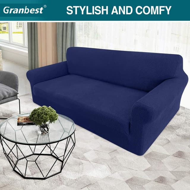 Detalle 2 de Granbest High Stretch 3 Seater Sofa Cover (Navy Blue) with Jacquard Spandex Fit