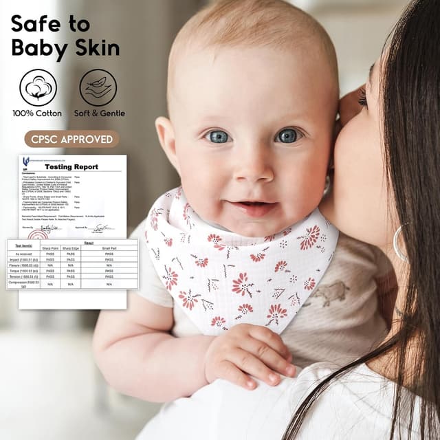 Detalle 2 de Yoofoss Muslin Baby Bibs (10 Pack) – 100% Cotton Dribble Bandana for Teething, Adjustable Snaps