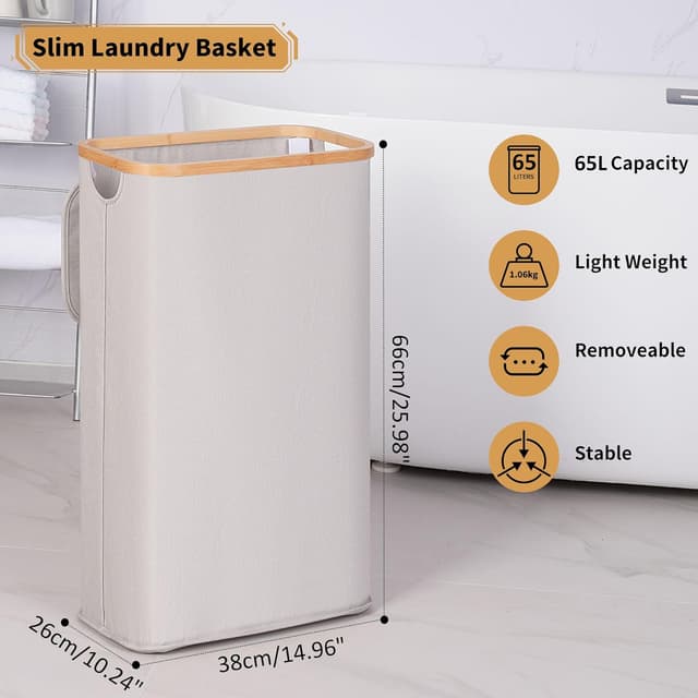 Detalle de iEGrow 65L Slim Washing Basket with Removable Inner Bag, Bamboo Handle and Lid (Light Grey)