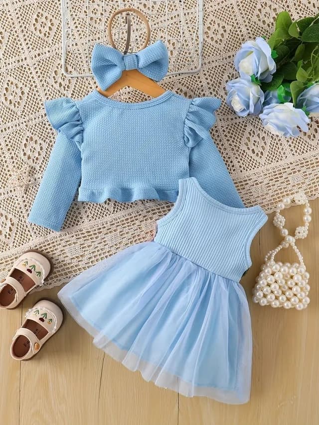 Detalle de JiAmy baby girls dress and cardigan 2-piece set (sleeveless floral tulle + ruffle cardigan) for 3 months–3 years