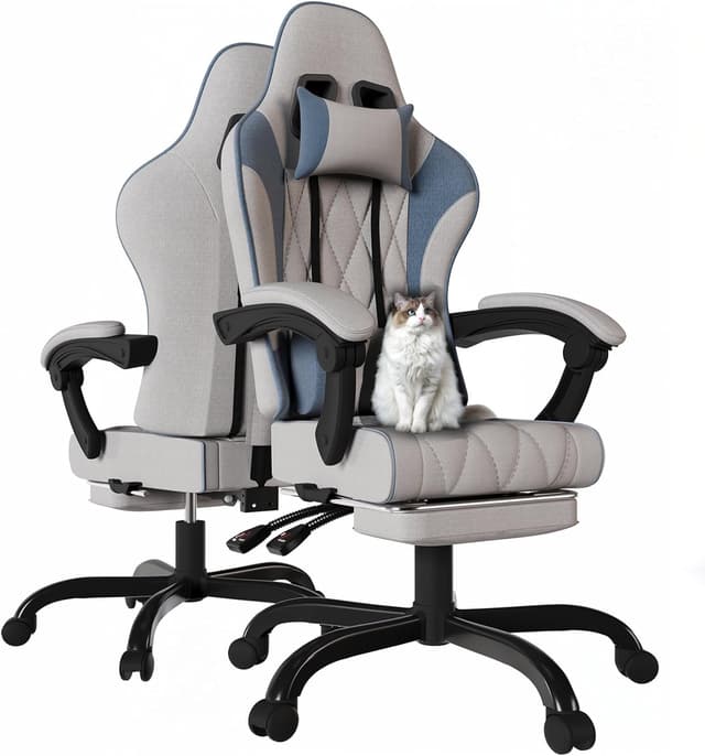 Detalle de JUMMICO Sedia gaming in tessuto con imbottitura a molle, ergonomica con massaggiatore, poggiatesta e poggiapiedi (Grigio & Blu) portata 150 kg
