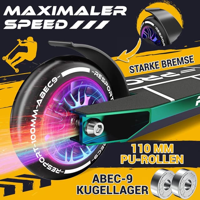 Detalle de RE:SPORT REVO PRO Stunt-Scooter mit Ständer, 110-mm PU Wheels & Y-Bar (ABEC 9, HIC-Kompression)