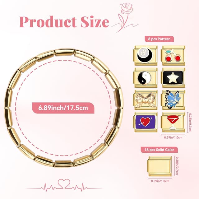 Detalle de Ouxayapl Italian Charm Armband Gold-Set mit 18 Grundgliedern, 8 Charms und Öffnungswerkzeug (DIY)