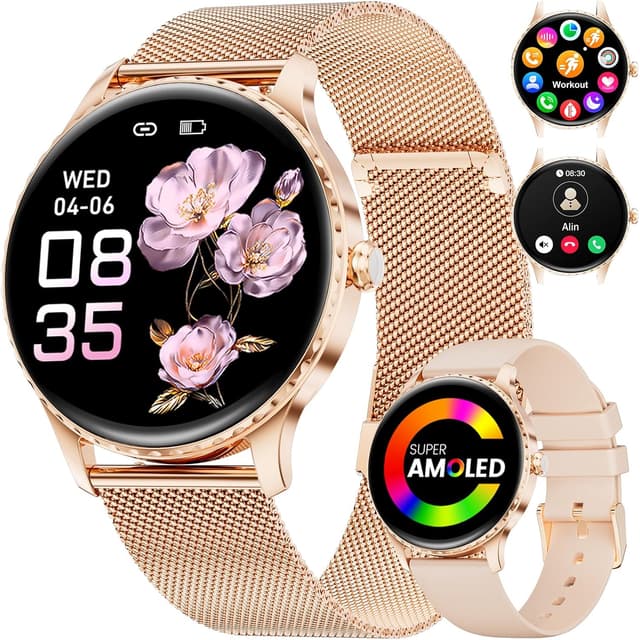 Detalle de Montre connectée femme LIGE SMART avec appels Bluetooth et écran AMOLED 1,32" IP68 (or rose)