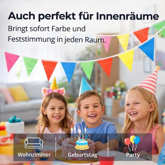 Detalle de XXL 100 Meter Wimpelkette bunt – Girlande für Garten & Party (Innen & Außen)