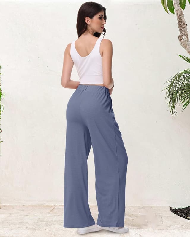 Detalle de HMIYA Weite Bügelfreie Palazzo Hose mit hoher Taille und Taschen – leichte Sommer-Freizeithose