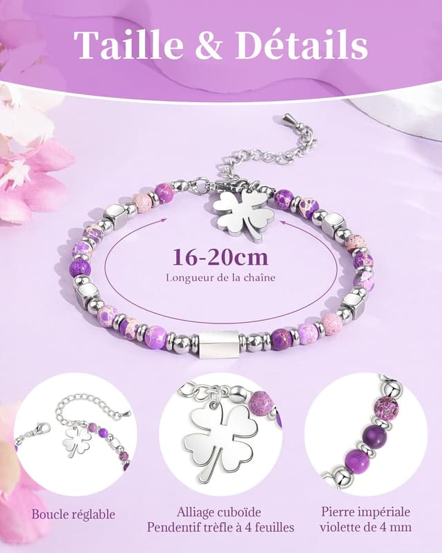 Detalle de Seyaa Cadeau Anniversaire Fille : bracelet en pierre naturelle personnalisable (trèfle à 4 feuilles)
