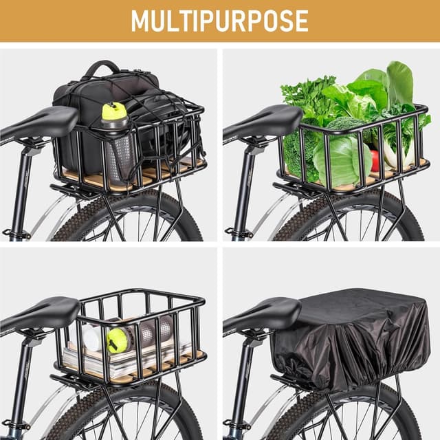 Detalle de CXWXC Panier arrière de vélo grand modèle avec fond en bois, housse imperméable et filet cargo