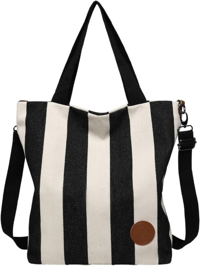 Detalle de JANSBEN Damen Canvas Handtasche Schultertasche Umhängetasche (Streifen) – groß für Arbeit, Schule & Alltag