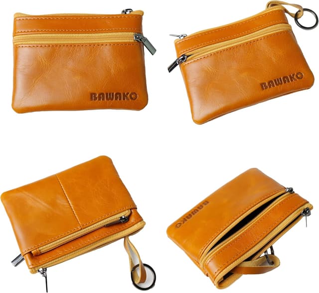 Detalle de BAWAKO Portamonete in vera pelle con 3 scomparti e mini portafoglio portachiavi (arancione)