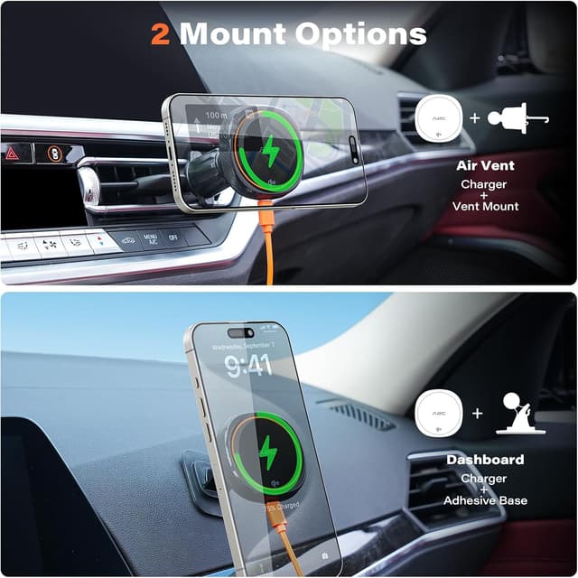 Detalle 2 de A2C QI2 15W MagSafe car mount charger – 2-in-1 magnetic dashboard/air vent holder