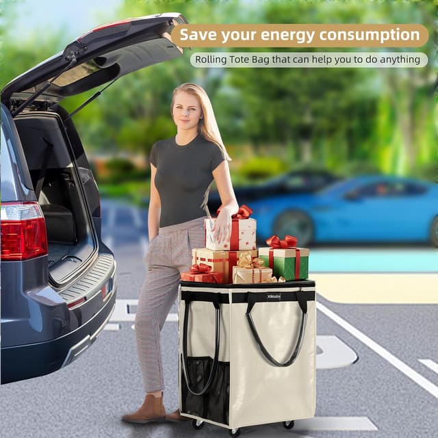 Detalle 2 de (Medium, Beige) Reusable Grocery Bag on 4 Wheels Rolling Tote — Foldable Zip-Top Wheeled Shopping Cart Bag