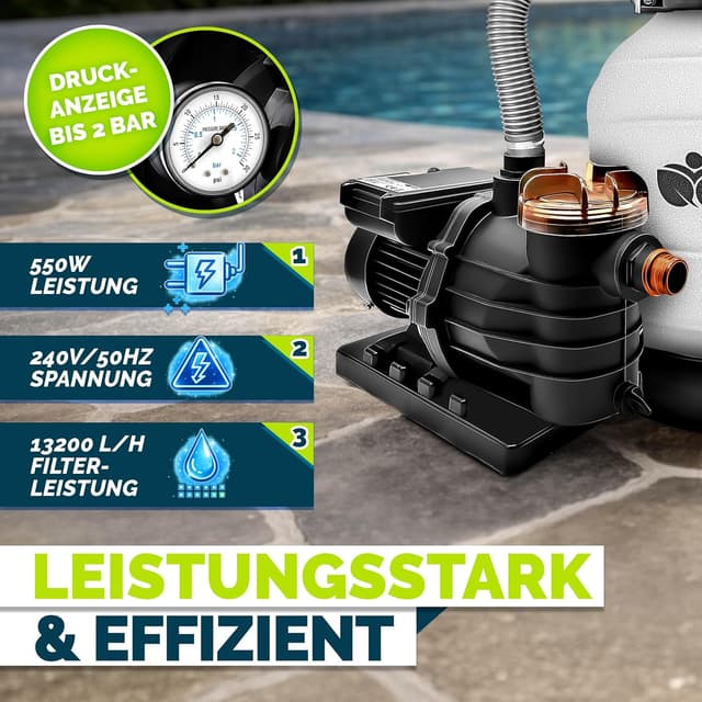 Detalle de tillvex® Sandfilteranlage für Pool bis 40.000 L – 13.200 L/h mit 7-Wege-Ventil, Ø32/38 mm & Filterbällen