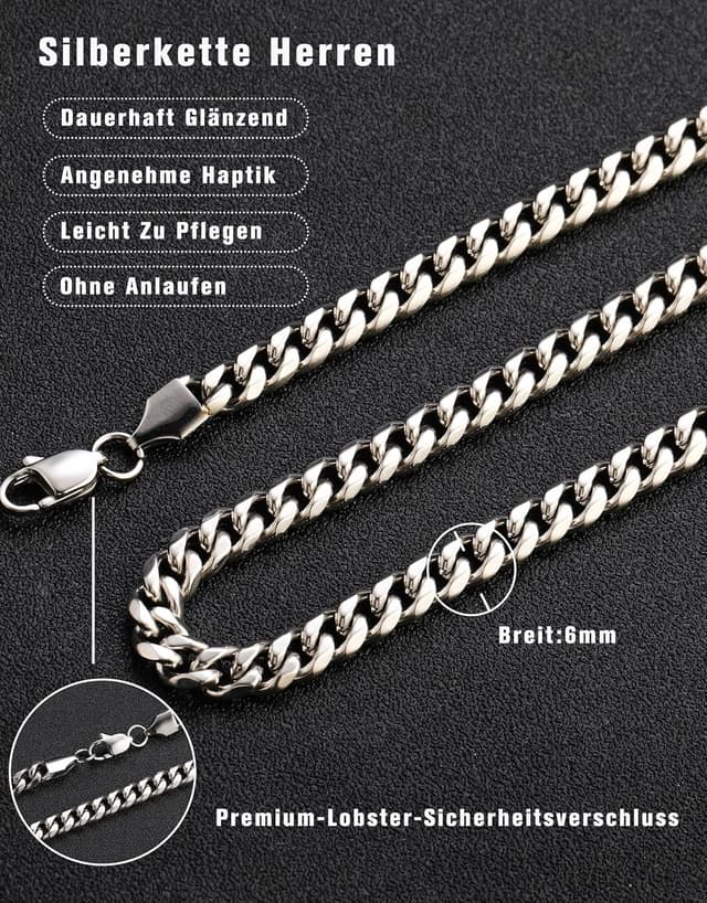 Detalle 2 de ZHESHY Herren-Halskette aus 316L-Edelstahl (Panzer-/Kubanische Kette), silber/goldfarben, wasserglänzend, mehrere Längen
