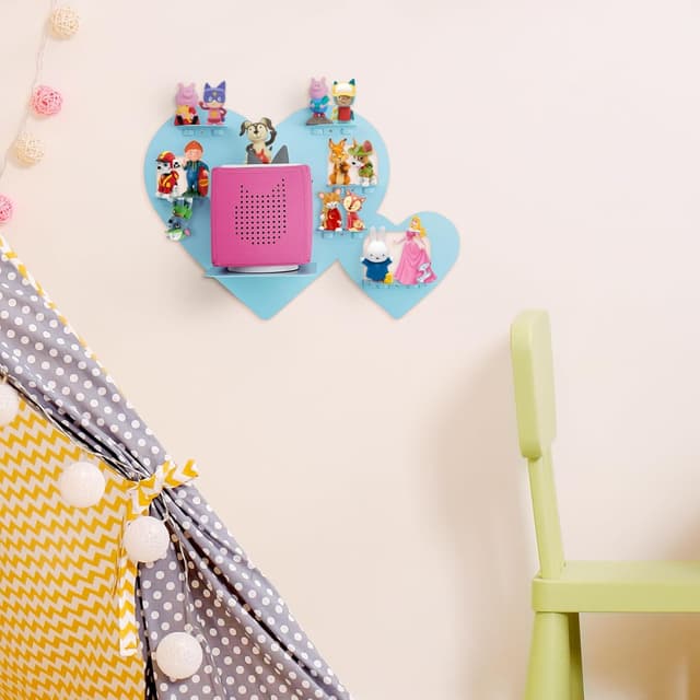 Detalle de Riuog Tonie Shelf for Toniebox & Tonie Dolls – Wall-Mounted Magnetic Metal Rack (Blue, Heart Design)
