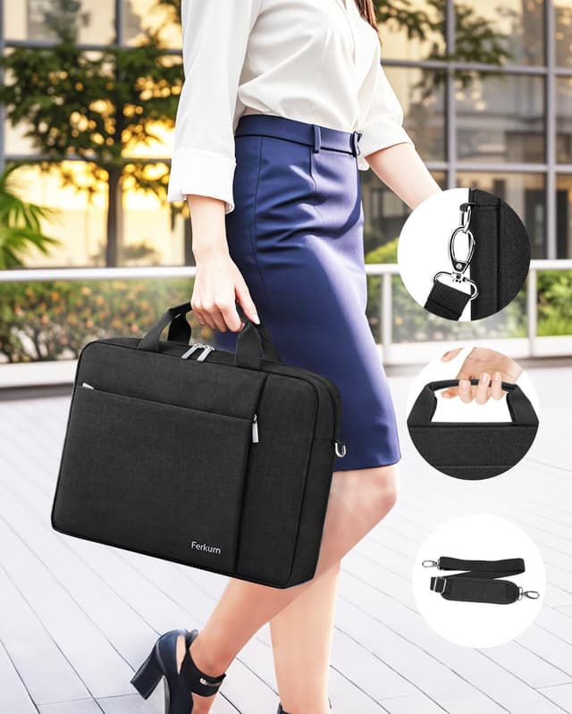 Detalle 1 de Ferkurn 17–17.3 inch laptop messenger bag case (water-repellent polyester, detachable shoulder strap) – Black