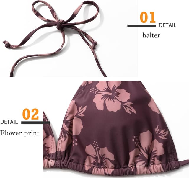 Detalle de Damen Bikini-Set mit tiefem V-Ausschnitt & Triangel-Top (Low Waist, Blumendruck) – zweiteiliges Sommer-Badeoutfit