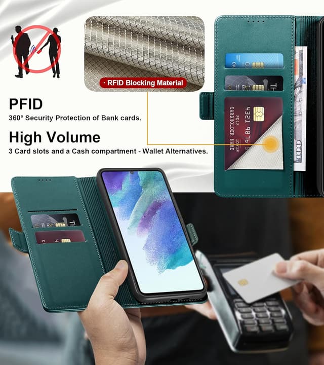 Detalle de Yunubeyii Handyhülle für Samsung Galaxy S21 FE mit RFID-Blocker, Kartenfächern und Klapphülle-Ständer – grün