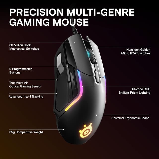 Detalle de SteelSeries Rival 5 Gaming Mouse with PrismSync RGB and 9 Programmable Buttons (18,000 CPI) – Black