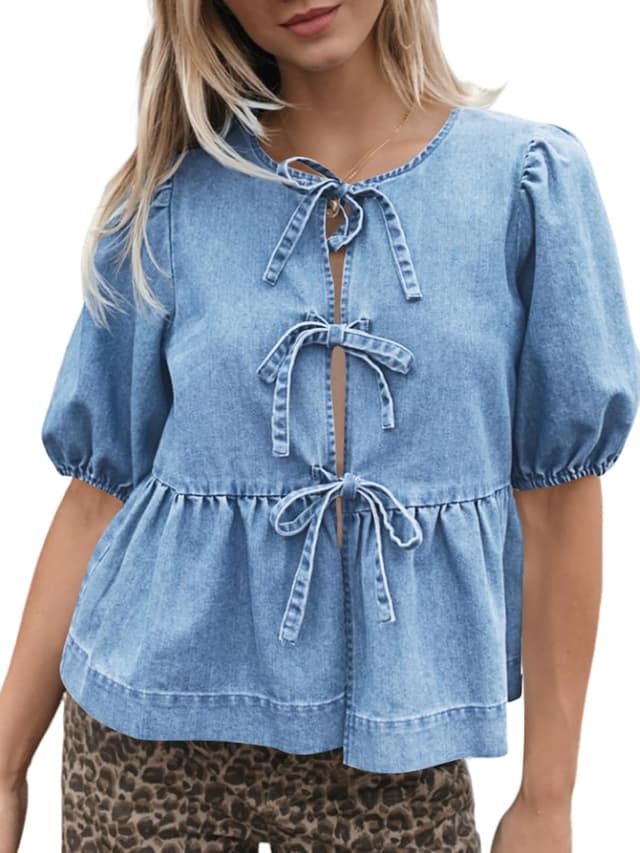 Detalle de Tankaneo Women’s Denim Tie Front Babydoll Peplum Puff Sleeve Jean Shirt
