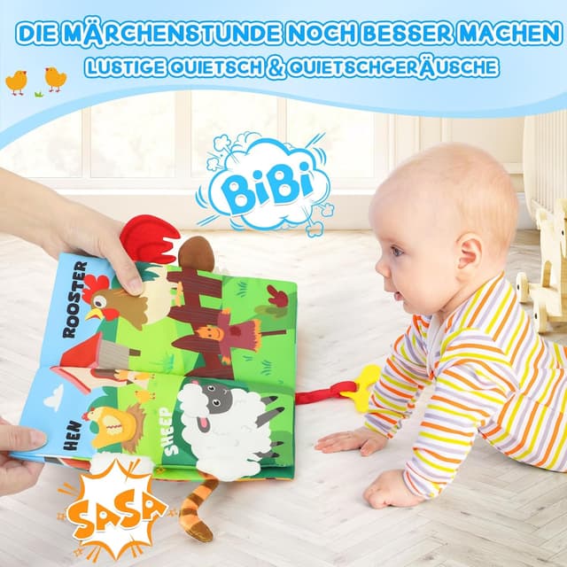 Detalle 2 de BBWOO Babybuch mit Knister-, Stoff- und Fühl-Elementen – Quiet Book mit Beißring für Babys ab 0+ Monaten