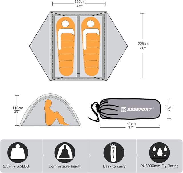 Detalle 2 de Bessport Zelt 2/3 Personen Camping 2 Türen