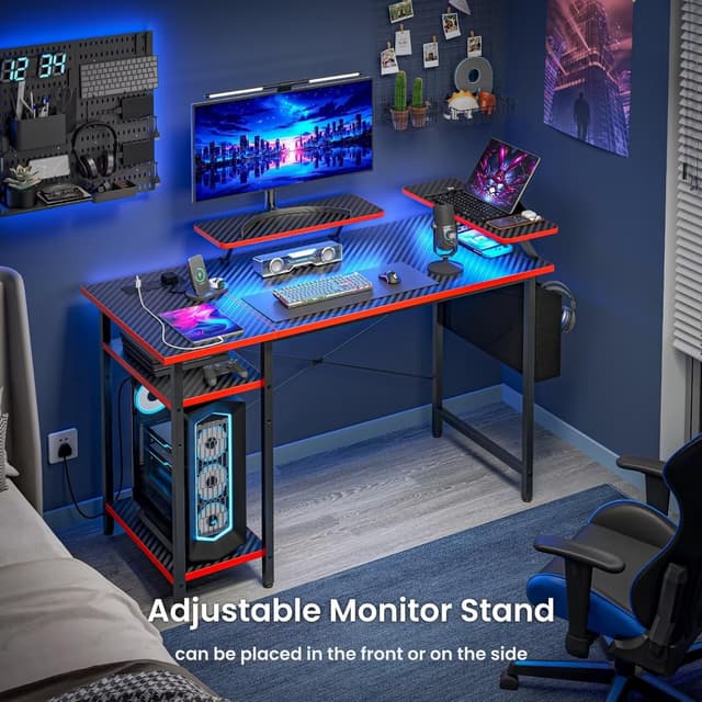 Detalle de DOMSHOCT gaming desk with LED lights, power outlets and reversible layout (100×50cm, carbon fibre black)