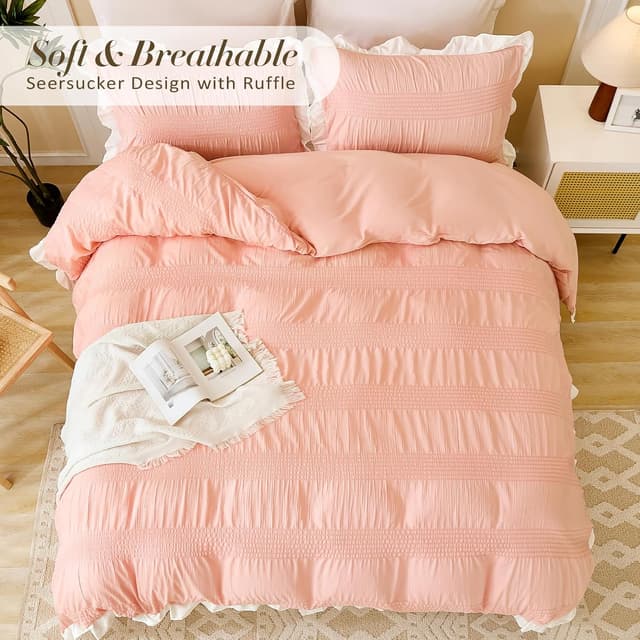 Detalle 2 de Guchuang King Size Pink Ruffled Duvet Cover Set (3-piece) with hidden zipper