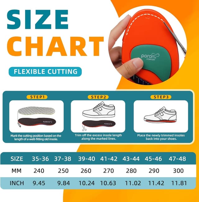 Detalle 2 de Leebey Semelles orthopédiques de soutien de voûte unisexe (orange) pour douleur au pied, pieds plats et fascite plantaire