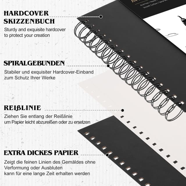 Detalle de A4 Skizzenbuch mit 250 g/m² Zeichenpapier, 40 Blatt (80 Seiten) und Spiralbindung