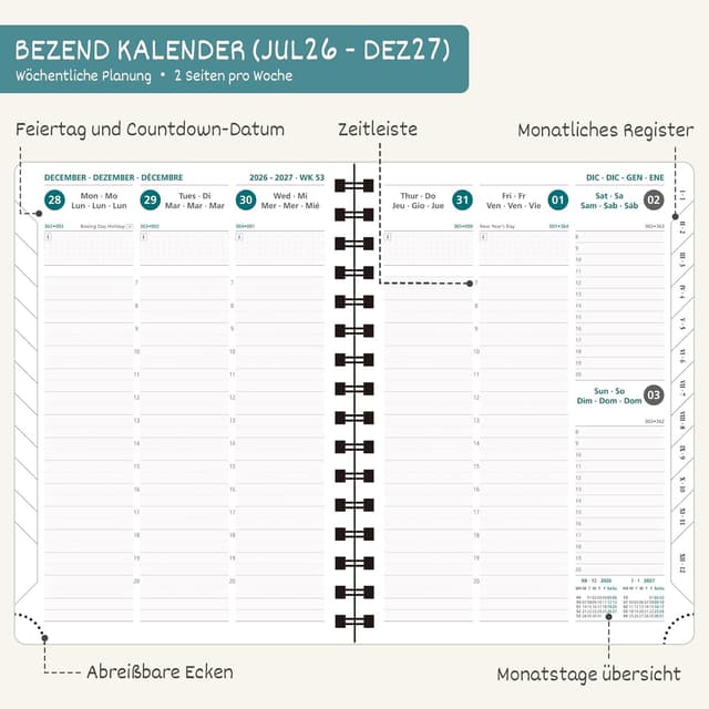 Detalle de BEZEND Kalender 2026/2027 Wochenplaner A5 (18 Monate) mit Ringbuch, Orange