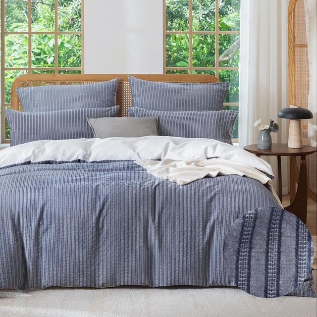 Detalle de SOULFUL Bettwäsche-Set 155x220 aus Baumwolle gestreift (Jacquard), 1x 155x220 + 1x 80x80, marineblau