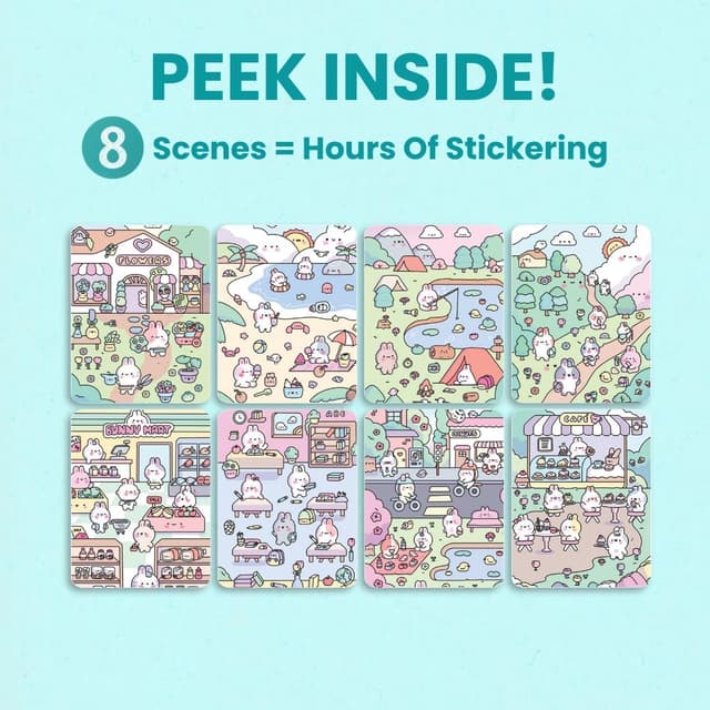 Detalle 2 de Life of Cute Bunnies 300+ Kids Sticker Book by Cupkin (Toddler Airplane Travel Easter Activity Book)