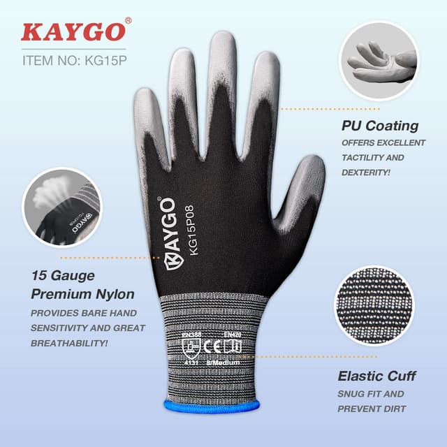 Detalle 2 de KAYGO KG15P thin PU-coated work gloves (12 pairs) for precision handling
