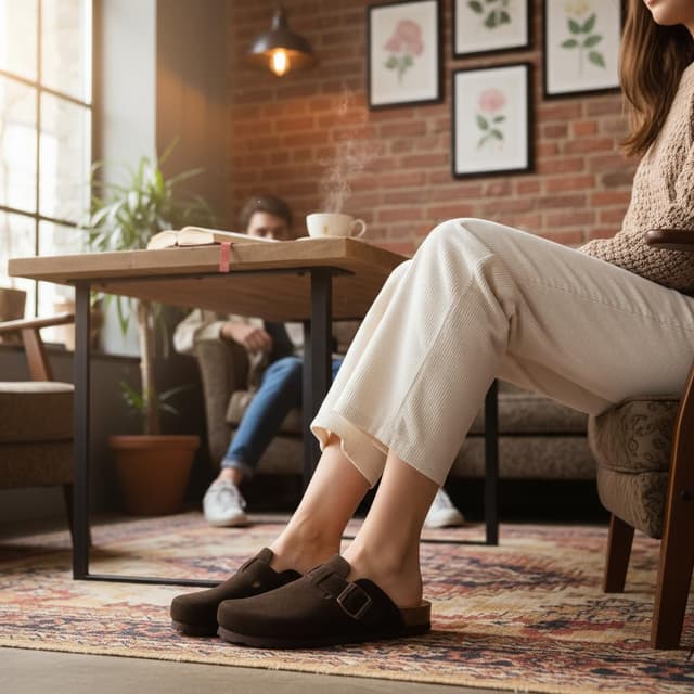 Detalle de CUSHIONAIRE Hana suede leather clog — women’s slip-on shoes