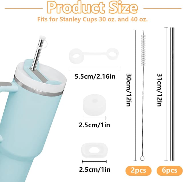 Detalle de GOTFUN 6x Edelstahl-Strohhalme (31 cm) für Stanley Cup inkl. auslaufsicherem Silikonstopfen & 2 Reinigungsbürsten