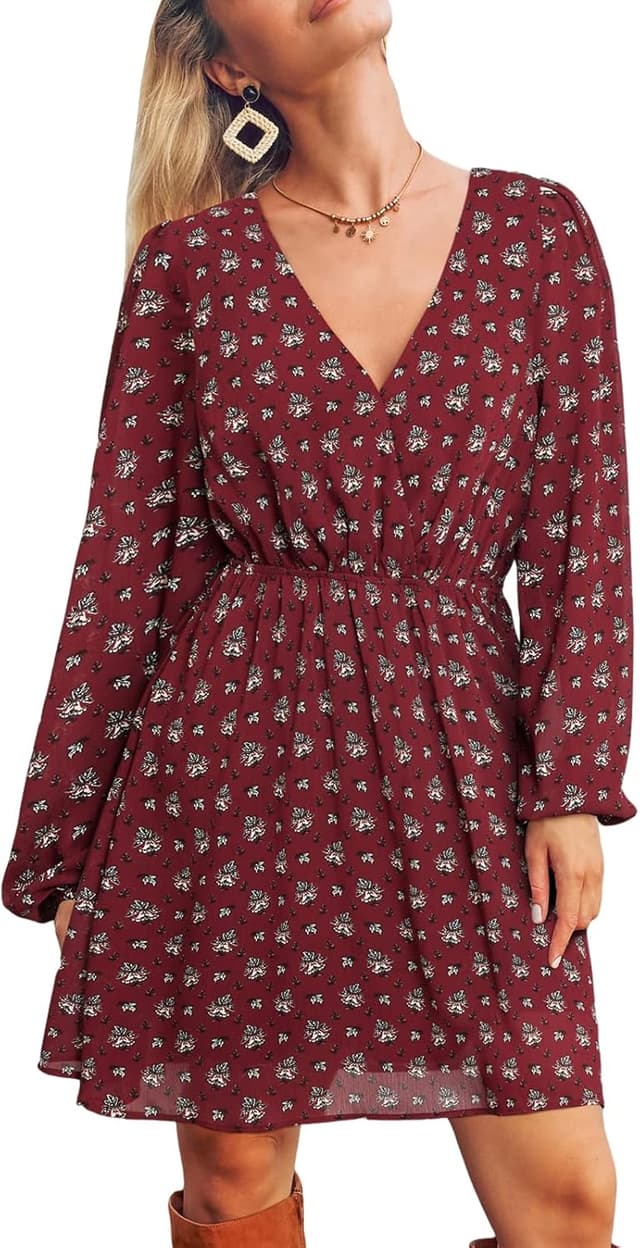 Detalle de Cupshe mini abito in chiffon bordeaux con scollo a V e maniche a sbuffo