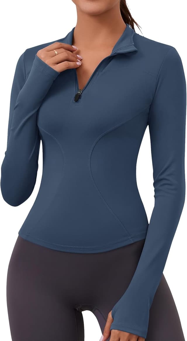 Detalle de Rapbin Women’s Long Sleeve Gym Tops 1/4 Zip with Thumb Holes (Quick Dry Slim Fit)